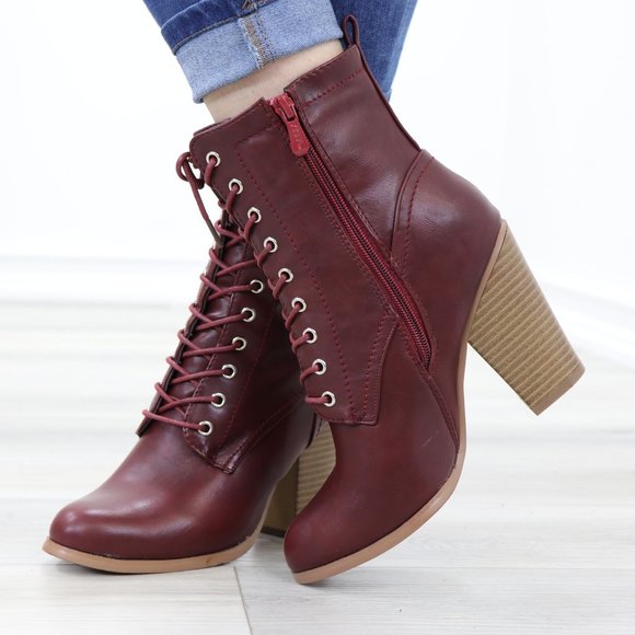Lace-Up Block Cone High Heeled Ankle Boots Synthetic Leather - Picture 9 of 11